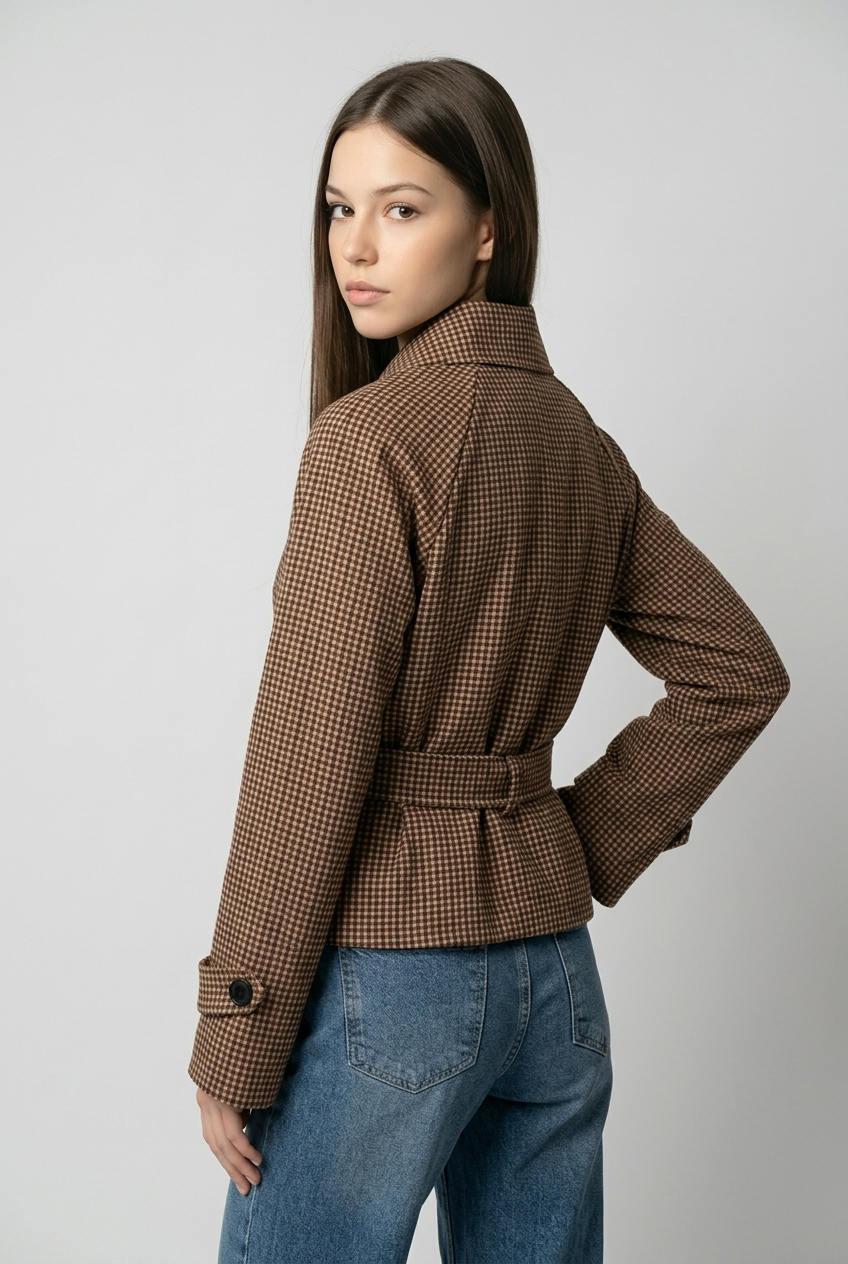 Chaqueta corta de cuadros con cinturón